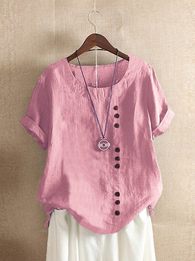 Linen Shirt for Women, Patchwork Short Sleeve, Casual Style