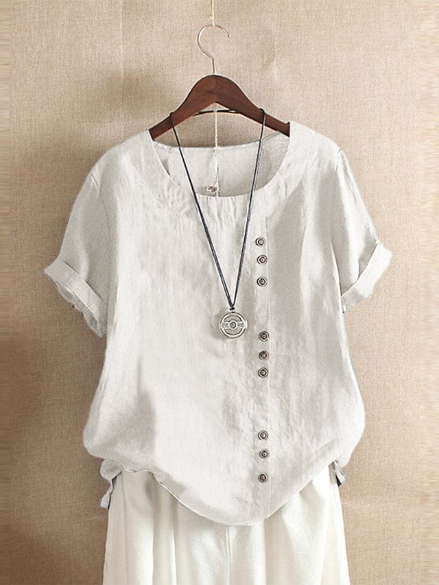 Linen Shirt for Women, Patchwork Short Sleeve, Casual Style