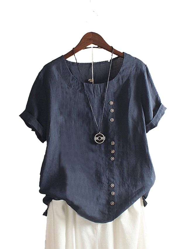 Linen Shirt for Women, Patchwork Short Sleeve, Casual Style