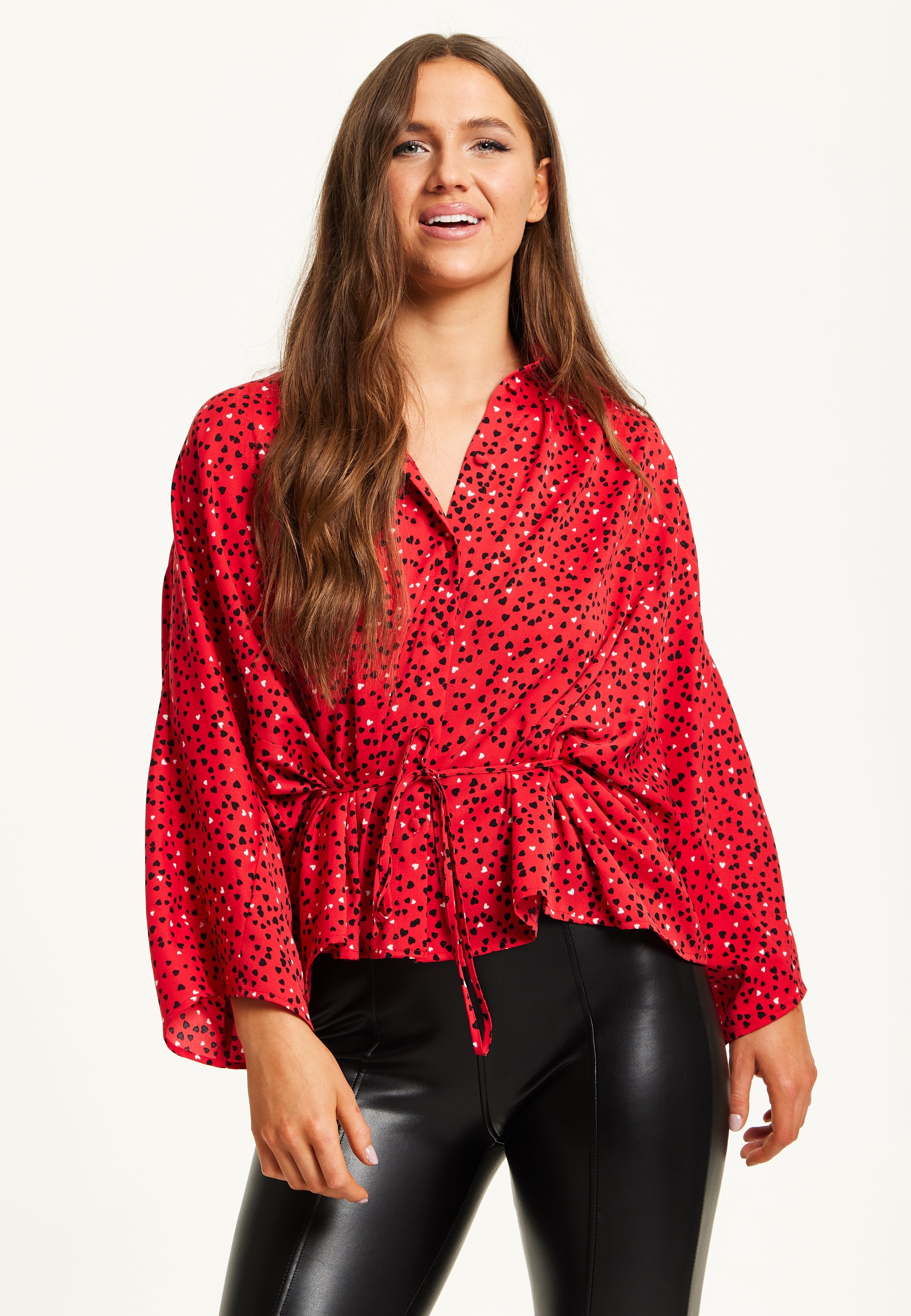 Liquorish Heart Print Shirt - Long Sleeves - Tie Waist