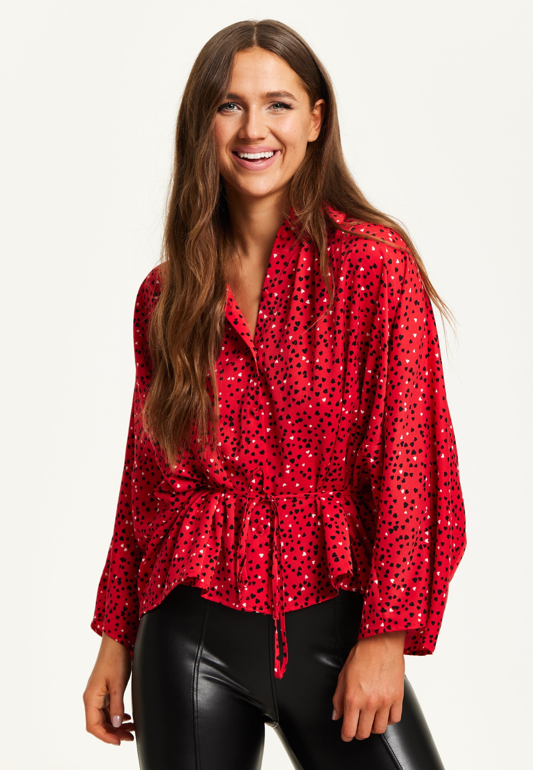 Liquorish Heart Print Shirt - Long Sleeves - Tie Waist