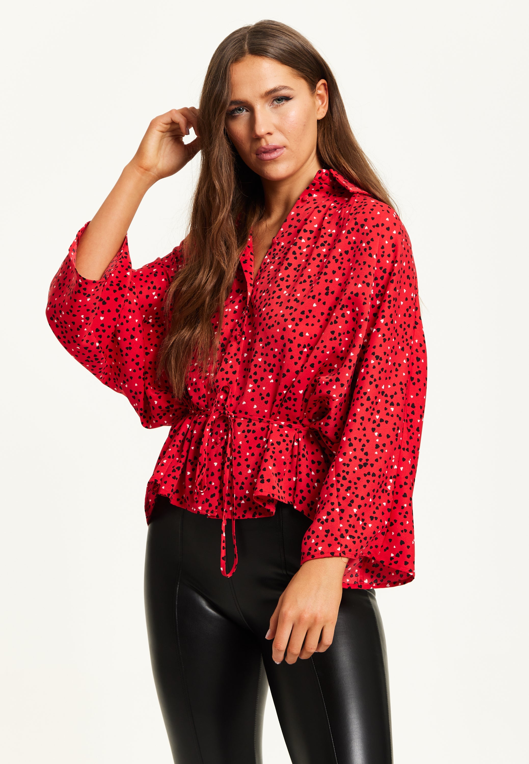 Liquorish Heart Print Shirt - Long Sleeves - Tie Waist