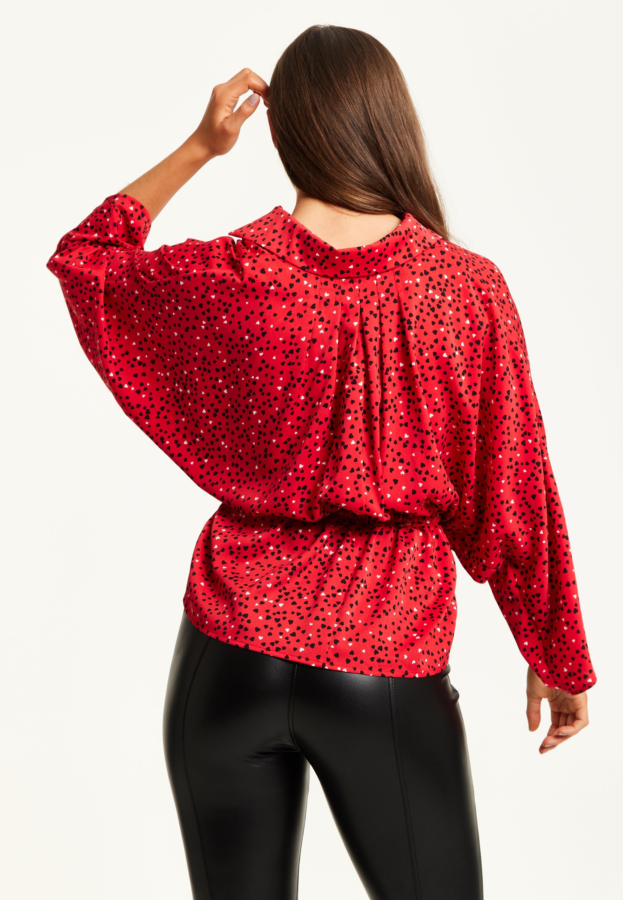 Liquorish Heart Print Shirt - Long Sleeves - Tie Waist