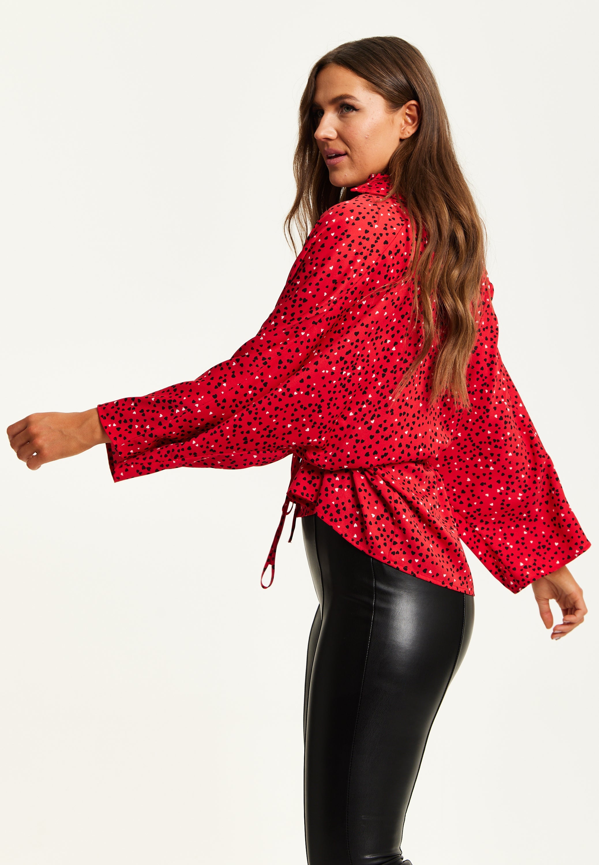 Liquorish Heart Print Shirt - Long Sleeves - Tie Waist