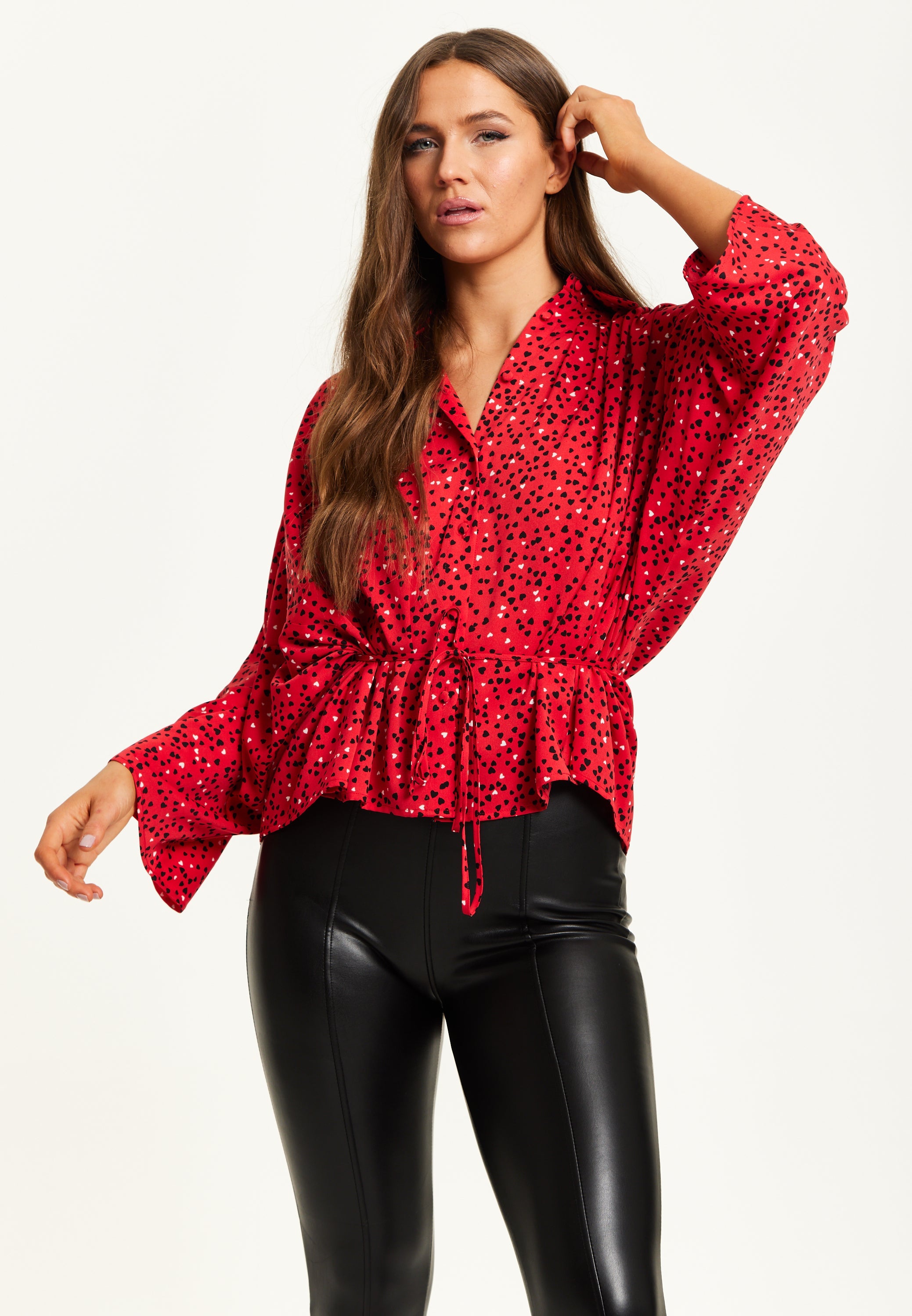 Liquorish Heart Print Shirt - Long Sleeves - Tie Waist