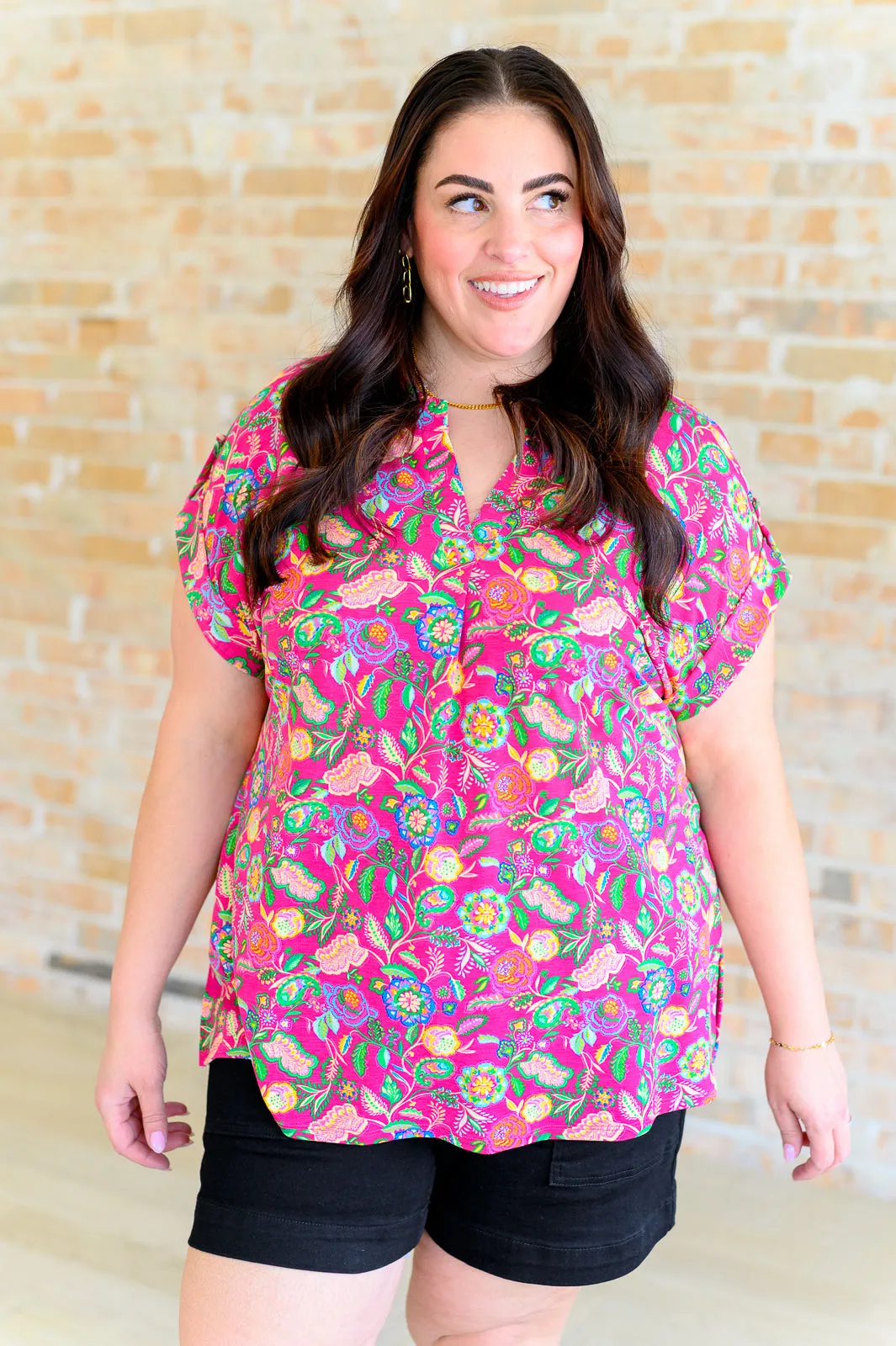 Lizzy Fuchsia Green Floral Paisley Cap Sleeve Top