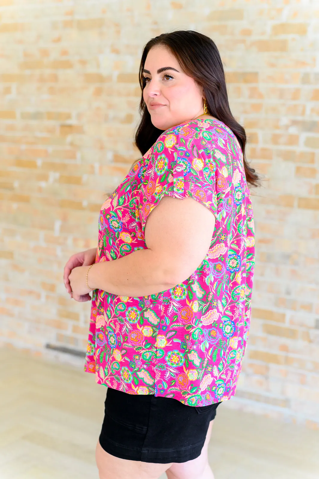 Lizzy Fuchsia Green Floral Paisley Cap Sleeve Top