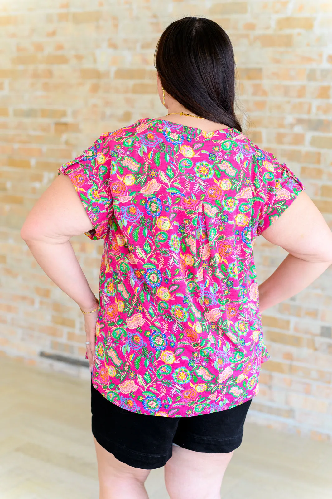 Lizzy Fuchsia Green Floral Paisley Cap Sleeve Top