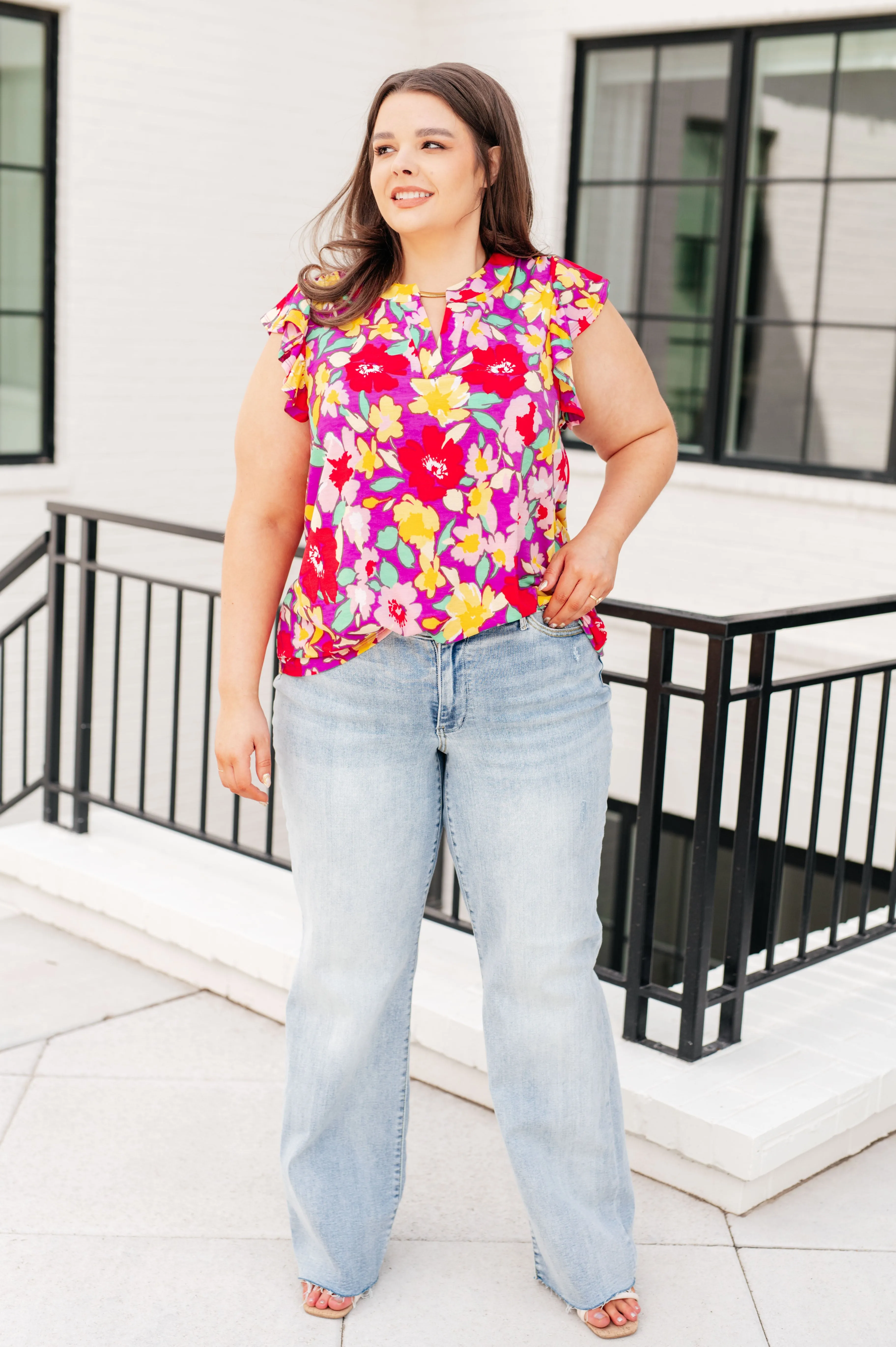 Magenta Yellow Floral Lizzy Flutter Sleeve Top