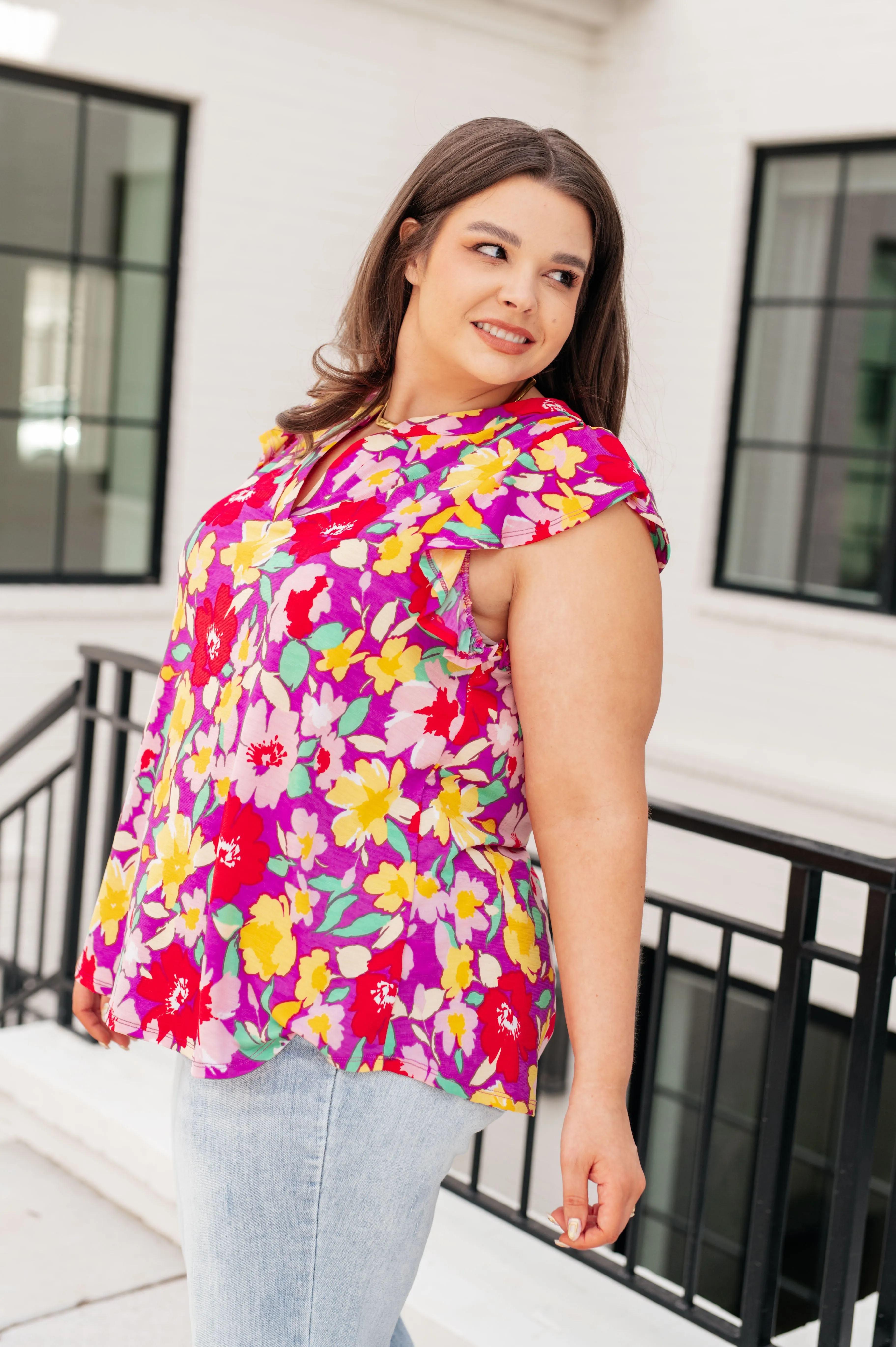 Magenta Yellow Floral Lizzy Flutter Sleeve Top