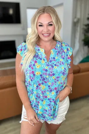 Lizzy Flutter Sleeve Top Teal Purple Floral