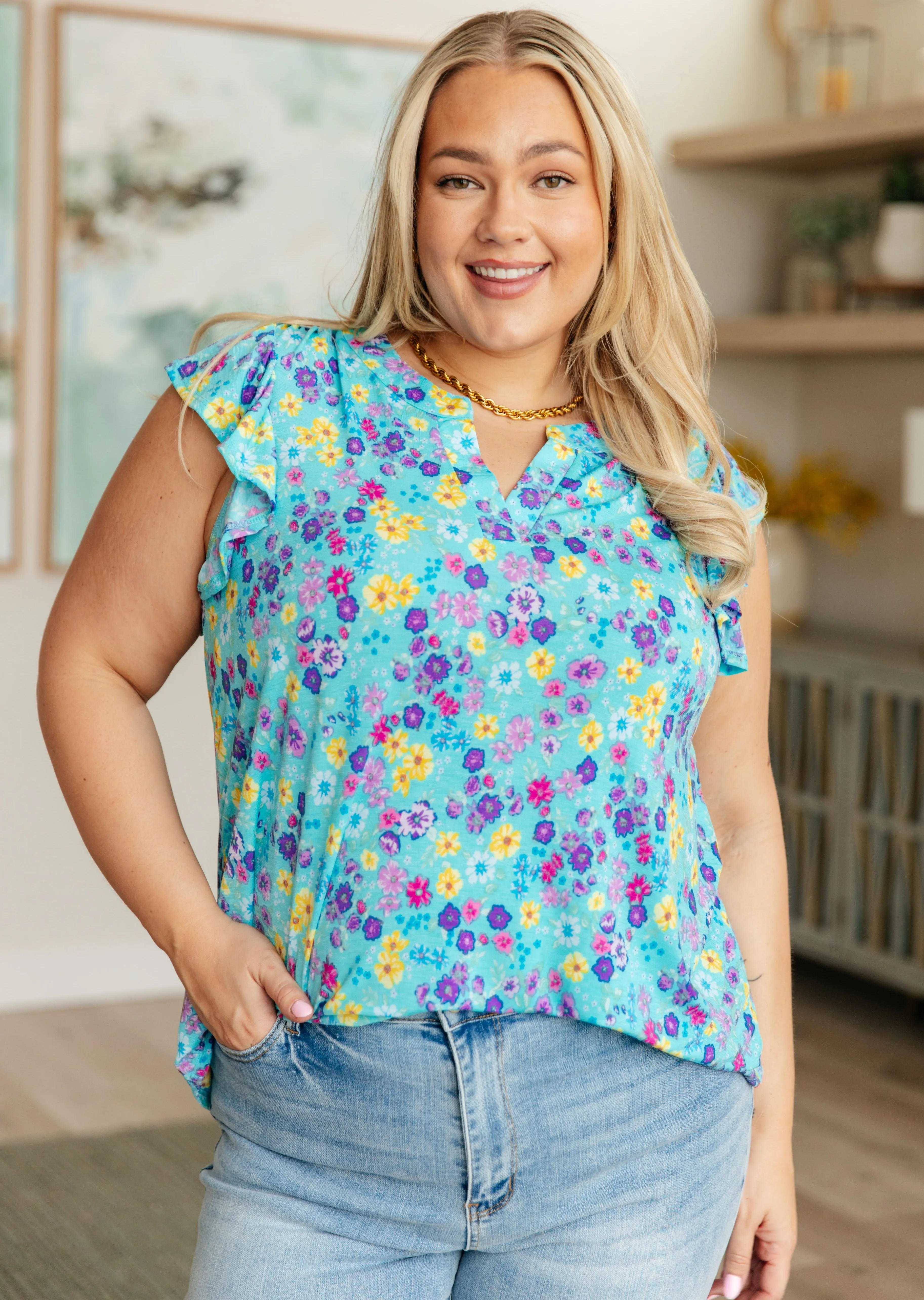 Lizzy Flutter Sleeve Top Teal Purple Floral