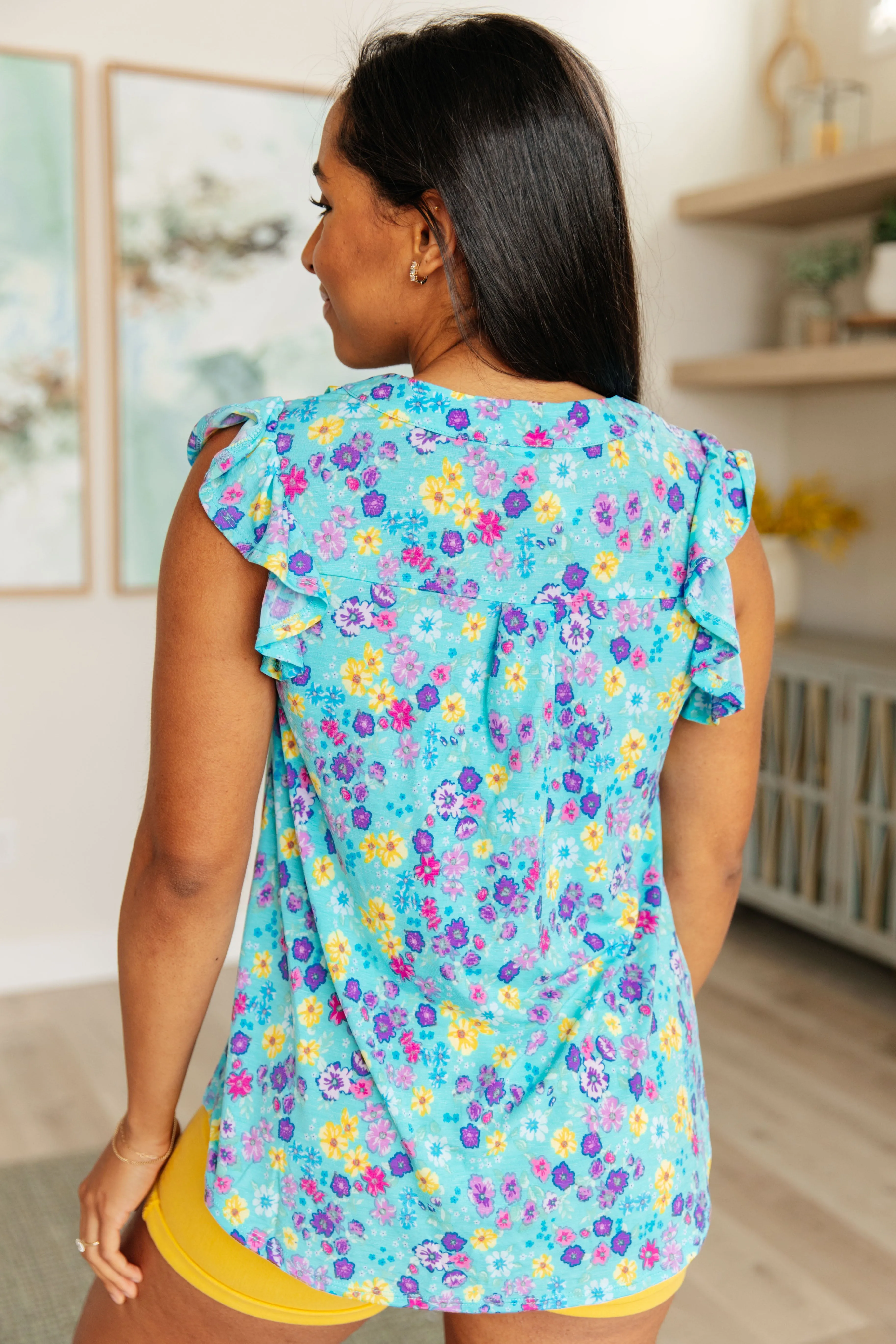 Lizzy Flutter Sleeve Top Teal Purple Floral