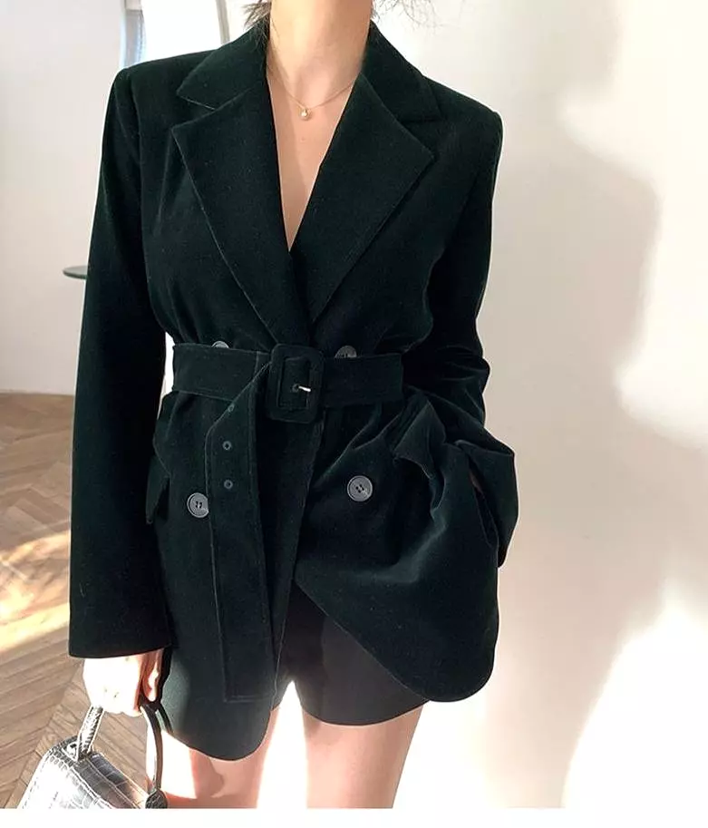 Lustrous Velvet Belted Oversized Blazer Women | Casual | Plain-Solid