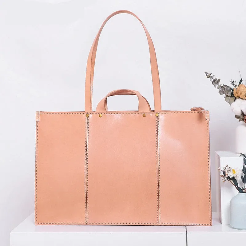 Luxury Fashion Women Italian Vegetable Tanned Leather Large Capacity Portable Shoulder Tote Handbags