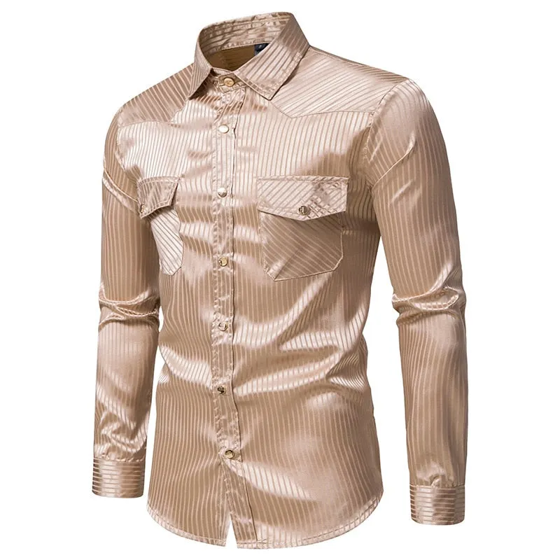 Men's Striped Business Formal Long Sleeve Shirt with Double Pockets