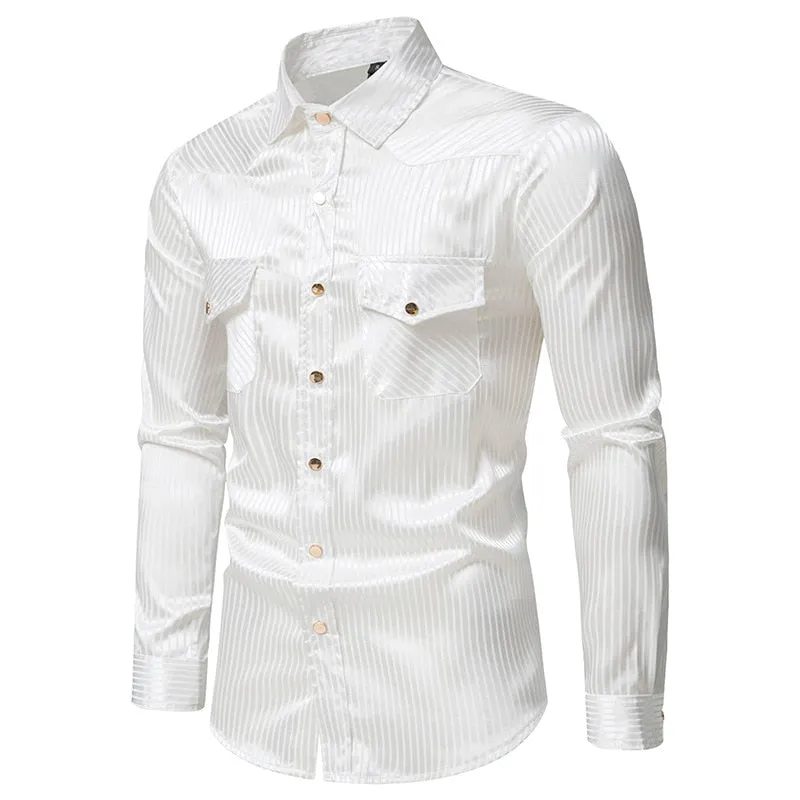 Men's Striped Business Formal Long Sleeve Shirt with Double Pockets