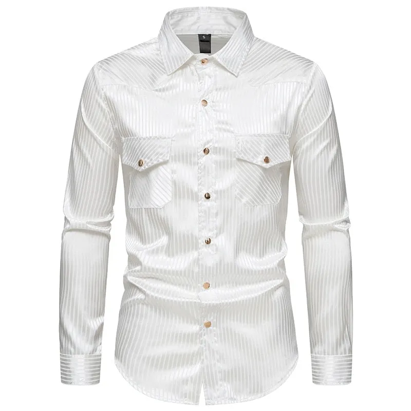 Men's Striped Business Formal Long Sleeve Shirt with Double Pockets