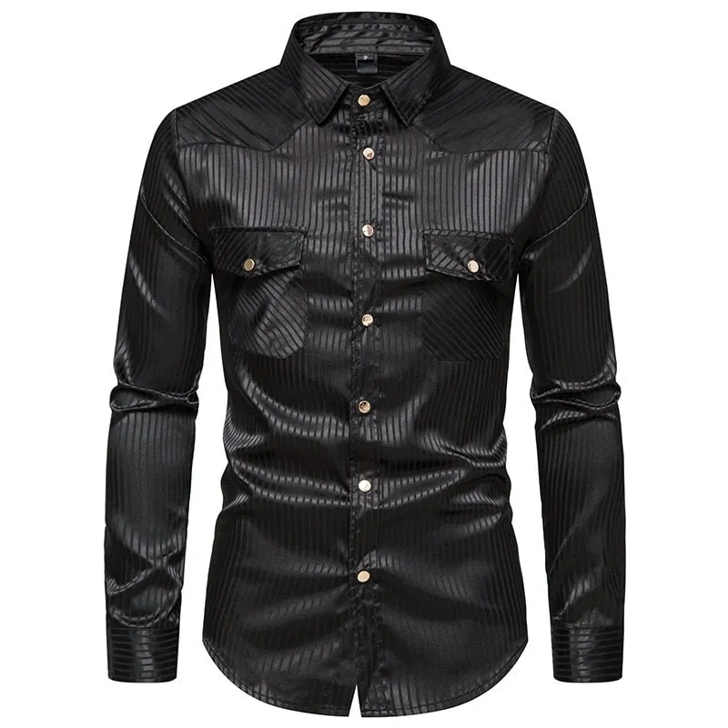 Men's Striped Business Formal Long Sleeve Shirt with Double Pockets