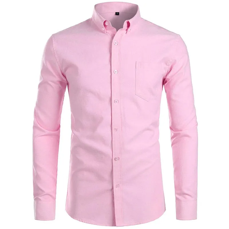 Men's Oxford Cotton Shirt | Slim Fit Long Sleeve | Casual Solid Color | Pocket