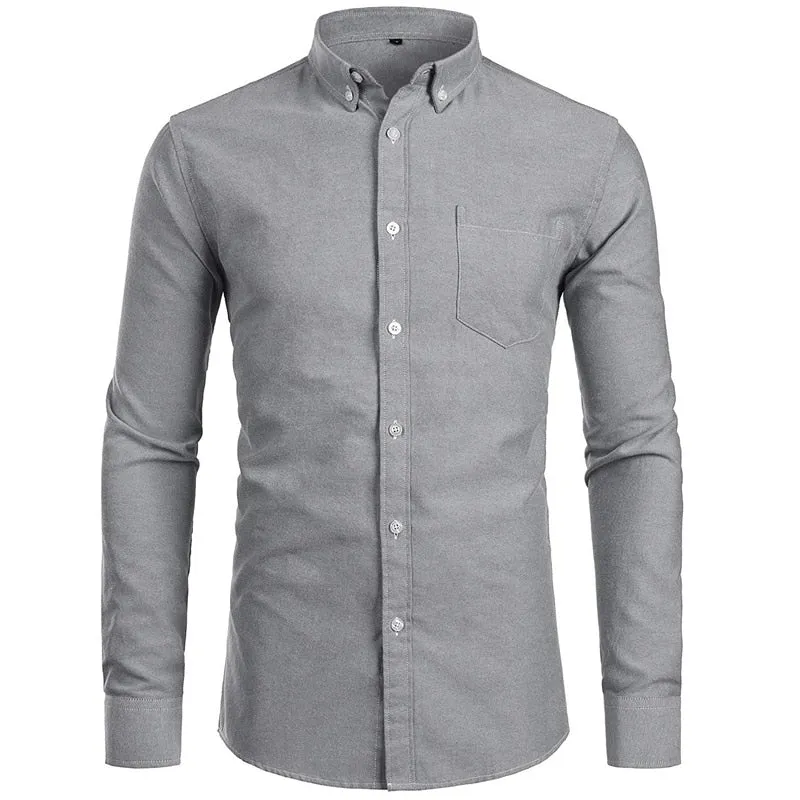 Men's Oxford Cotton Shirt | Slim Fit Long Sleeve | Casual Solid Color | Pocket