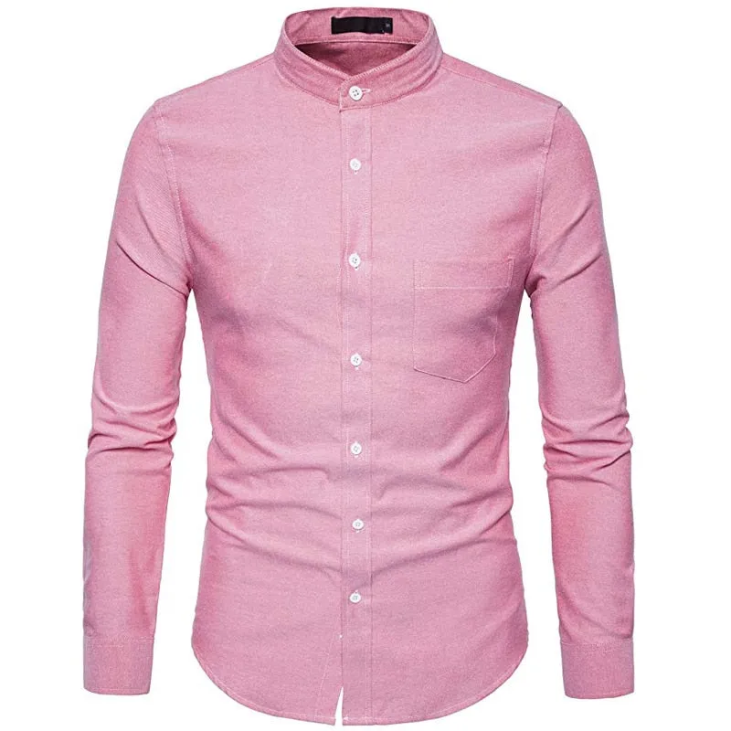 Men's Solid Oxford Cotton Stand Collar Slim Fit Long Sleeve Shirt