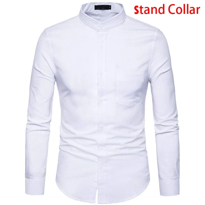 Men's Solid Oxford Cotton Stand Collar Slim Fit Long Sleeve Shirt