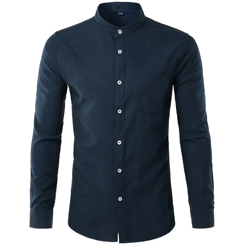 Men's Solid Oxford Cotton Stand Collar Slim Fit Long Sleeve Shirt