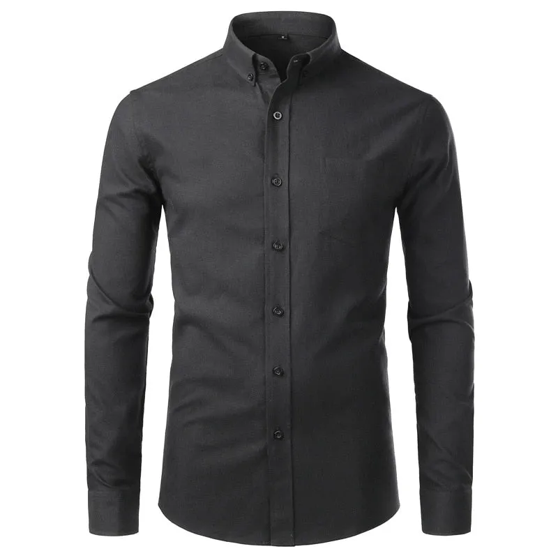 Men's Solid Oxford Cotton Stand Collar Slim Fit Long Sleeve Shirt