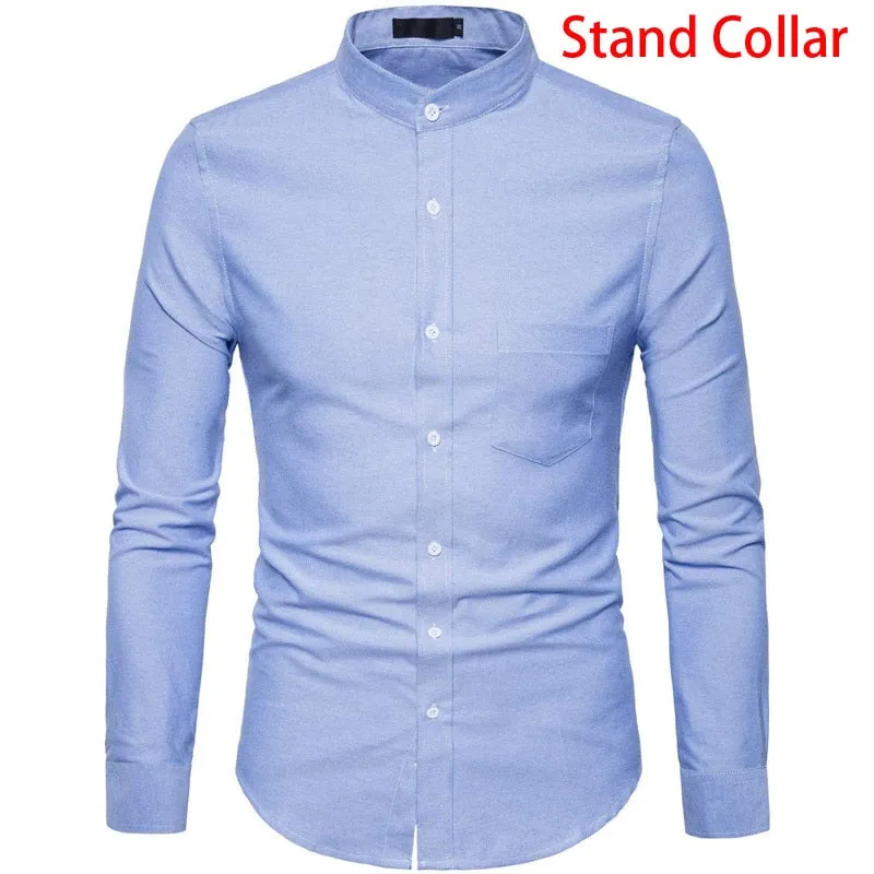 Men's Solid Oxford Cotton Stand Collar Slim Fit Long Sleeve Shirt