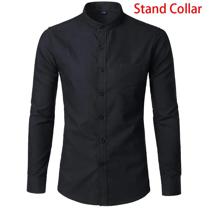 Men's Solid Oxford Cotton Stand Collar Slim Fit Long Sleeve Shirt