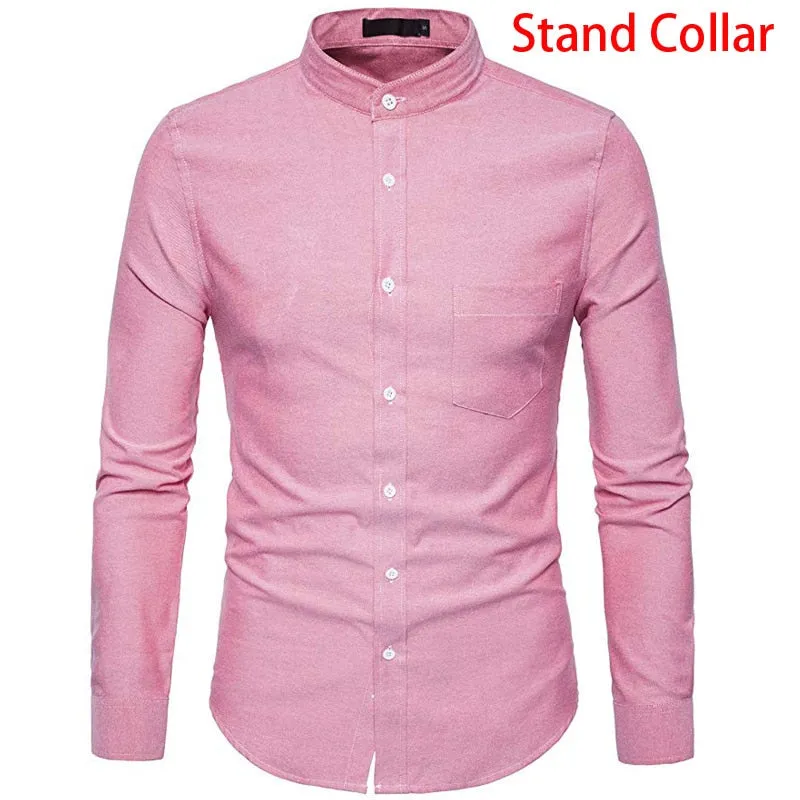 Men's Solid Oxford Cotton Stand Collar Slim Fit Long Sleeve Shirt