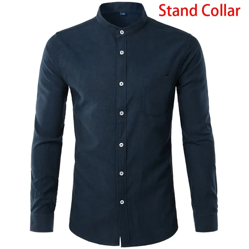 Men's Solid Oxford Cotton Stand Collar Slim Fit Long Sleeve Shirt