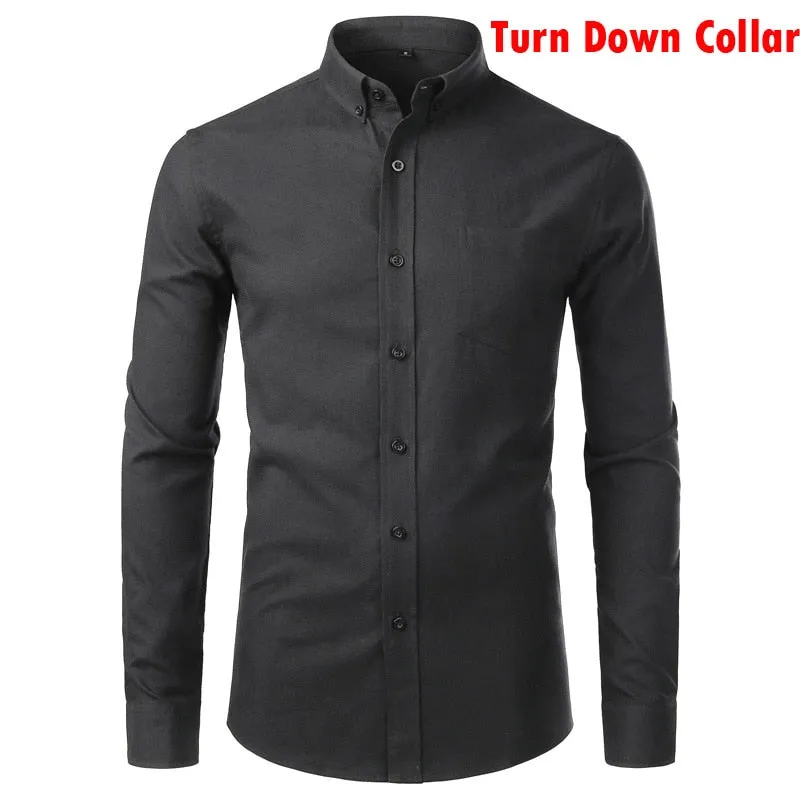 Men's Solid Oxford Cotton Stand Collar Slim Fit Long Sleeve Shirt