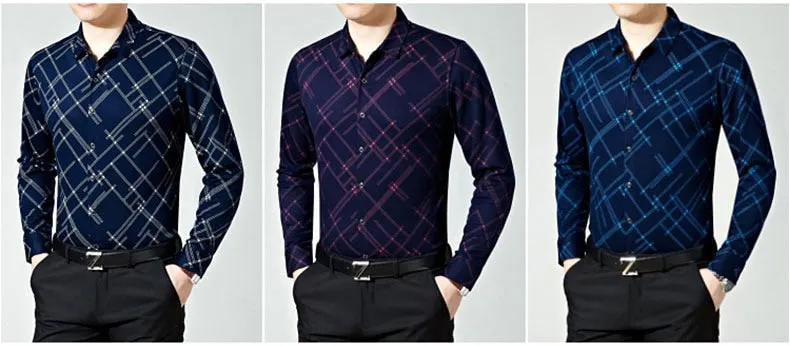 Men's Fashion Plaid Pattern Casual Business Slim Long Sleeve Shirt