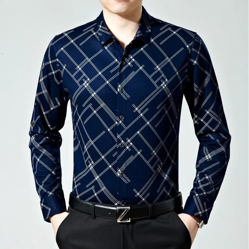 Men's Fashion Plaid Pattern Casual Business Slim Long Sleeve Shirt