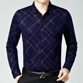 Men's Fashion Plaid Pattern Casual Business Slim Long Sleeve Shirt