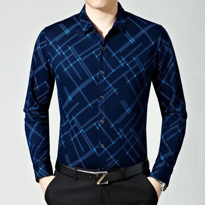 Men's Fashion Plaid Pattern Casual Business Slim Long Sleeve Shirt