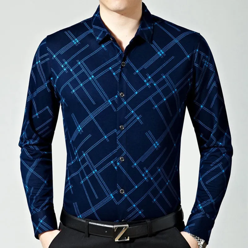 Men's Fashion Plaid Pattern Casual Business Slim Long Sleeve Shirt