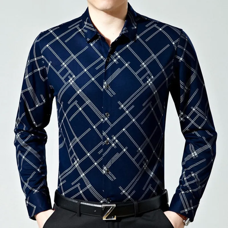 Men's Fashion Plaid Pattern Casual Business Slim Long Sleeve Shirt