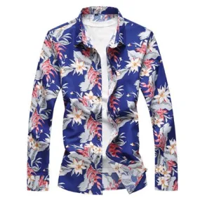 Men's Casual Flower Print Broadcloth Long Sleeve Shirt