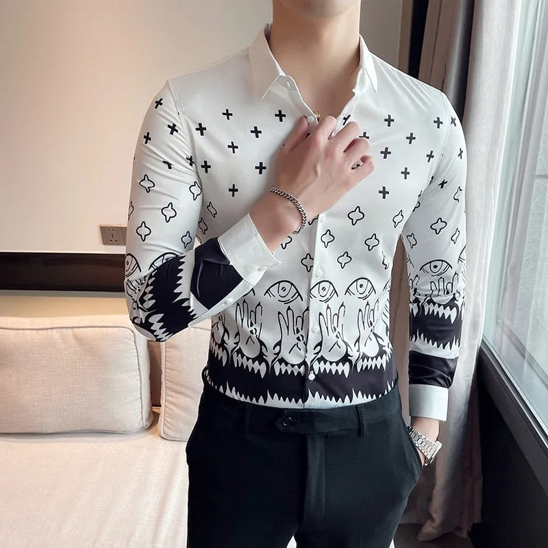 Men's Vintage England Style Print Pattern Single Breasted Long Sleeve Shirt