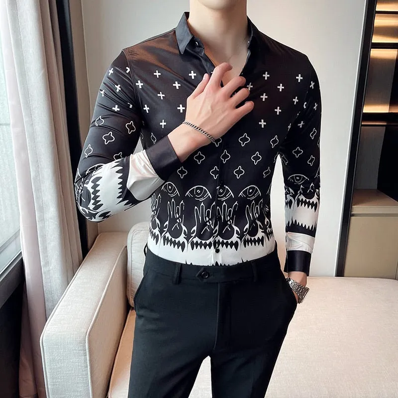 Men's Vintage England Style Print Pattern Single Breasted Long Sleeve Shirt