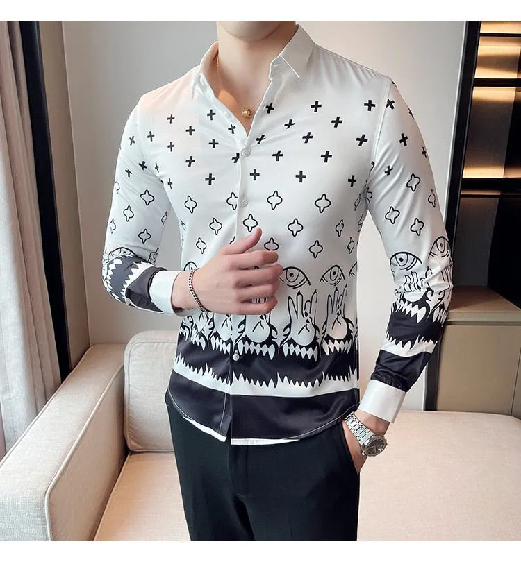 Men's Vintage England Style Print Pattern Single Breasted Long Sleeve Shirt