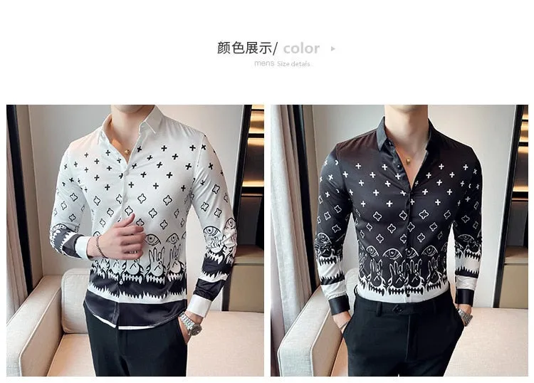 Men's Vintage England Style Print Pattern Single Breasted Long Sleeve Shirt