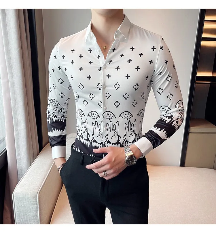 Men's Vintage England Style Print Pattern Single Breasted Long Sleeve Shirt