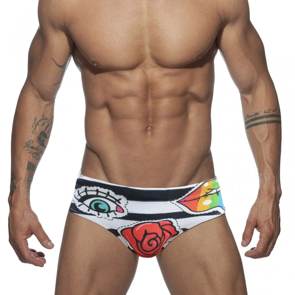 Men's Rose Striped Pattern Water Sports Swim Briefs