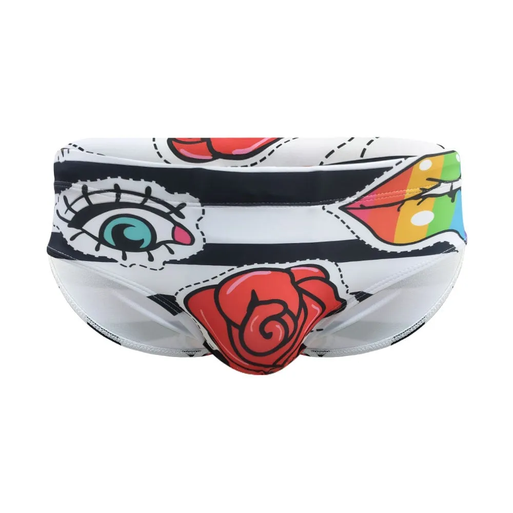 Men's Rose Striped Pattern Water Sports Swim Briefs