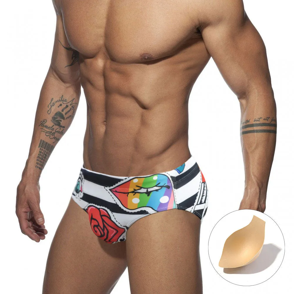 Men's Rose Striped Pattern Water Sports Swim Briefs