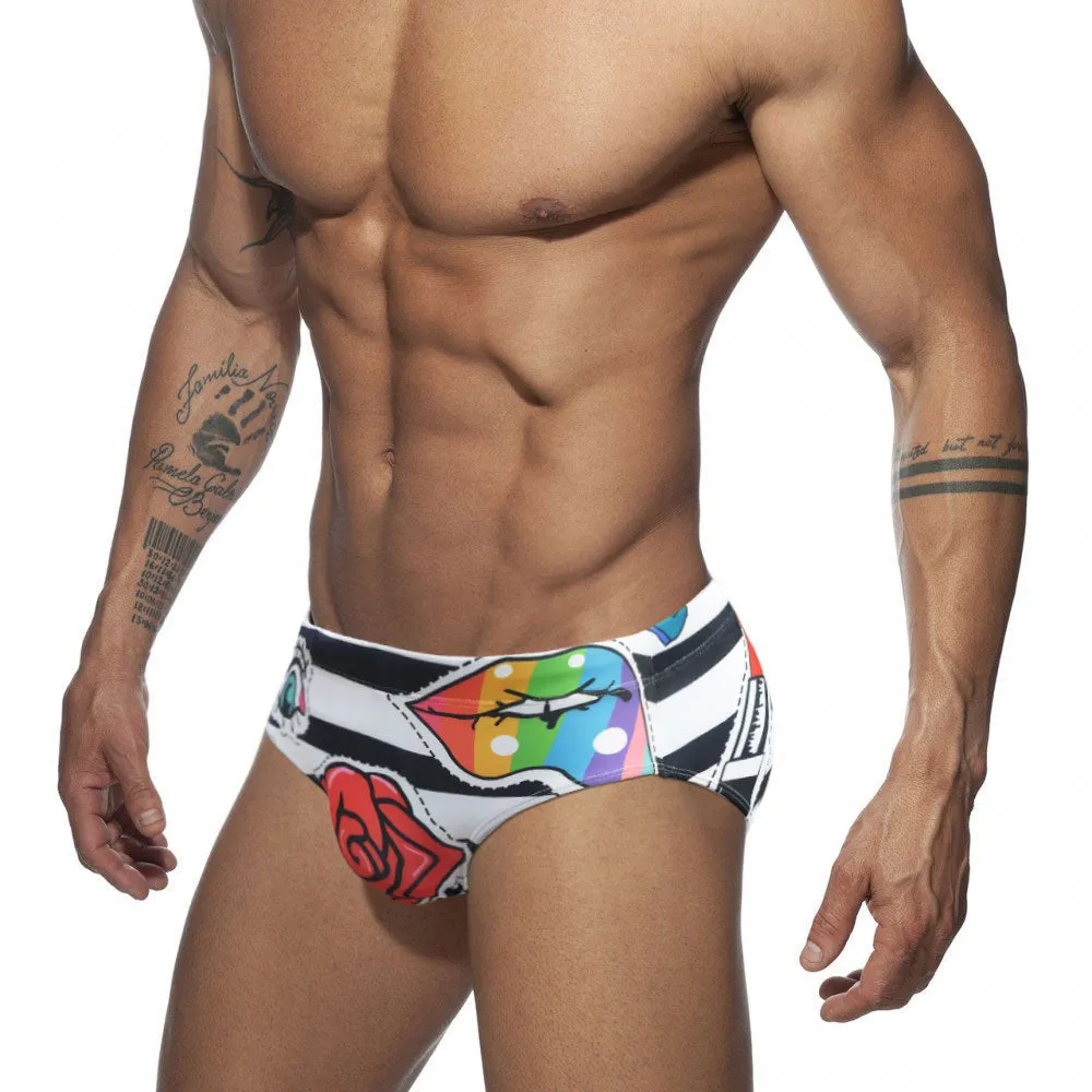 Men's Rose Striped Pattern Water Sports Swim Briefs